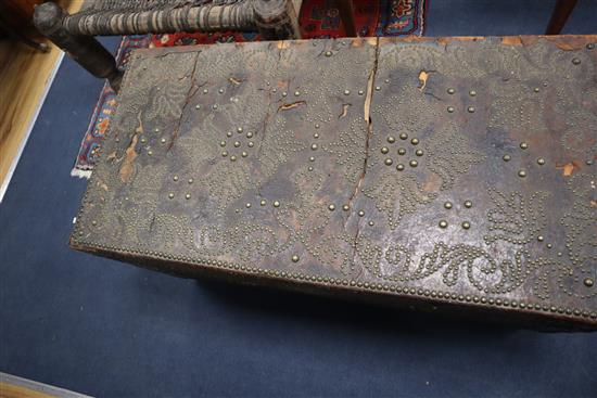 A 19th century studded leather trunk, by Morgan & Sanders (1801-20) (one handle with stamped patent mark) W.106cm